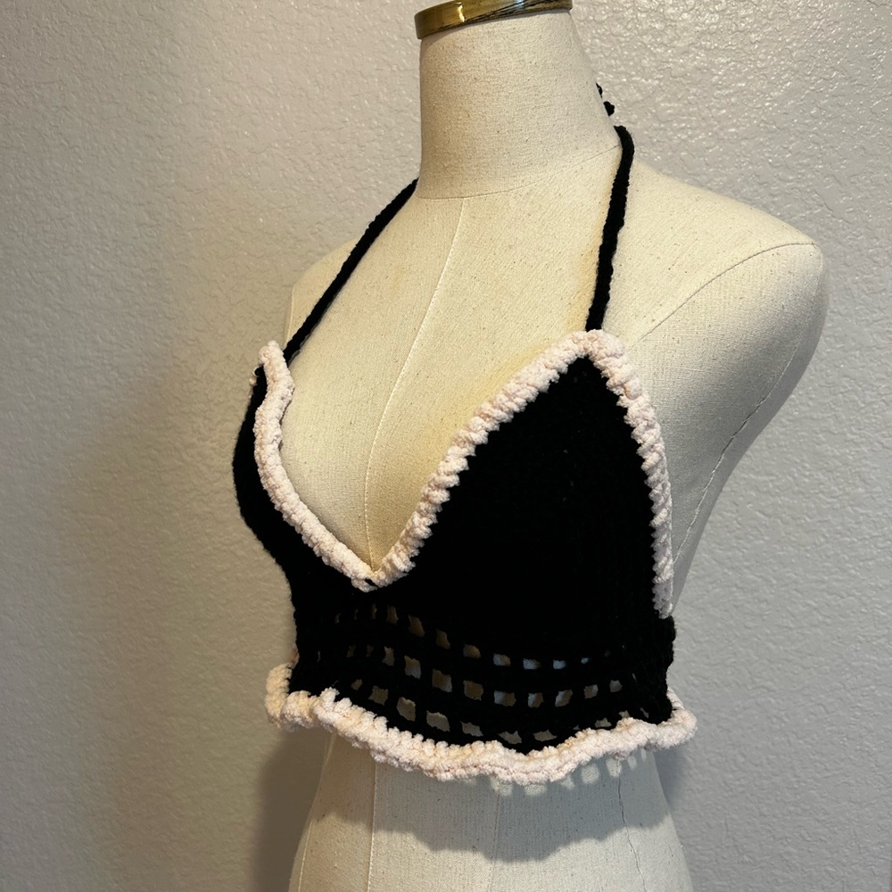 Black and Baby Pink Homemade Crochet Ruffle Halter Top